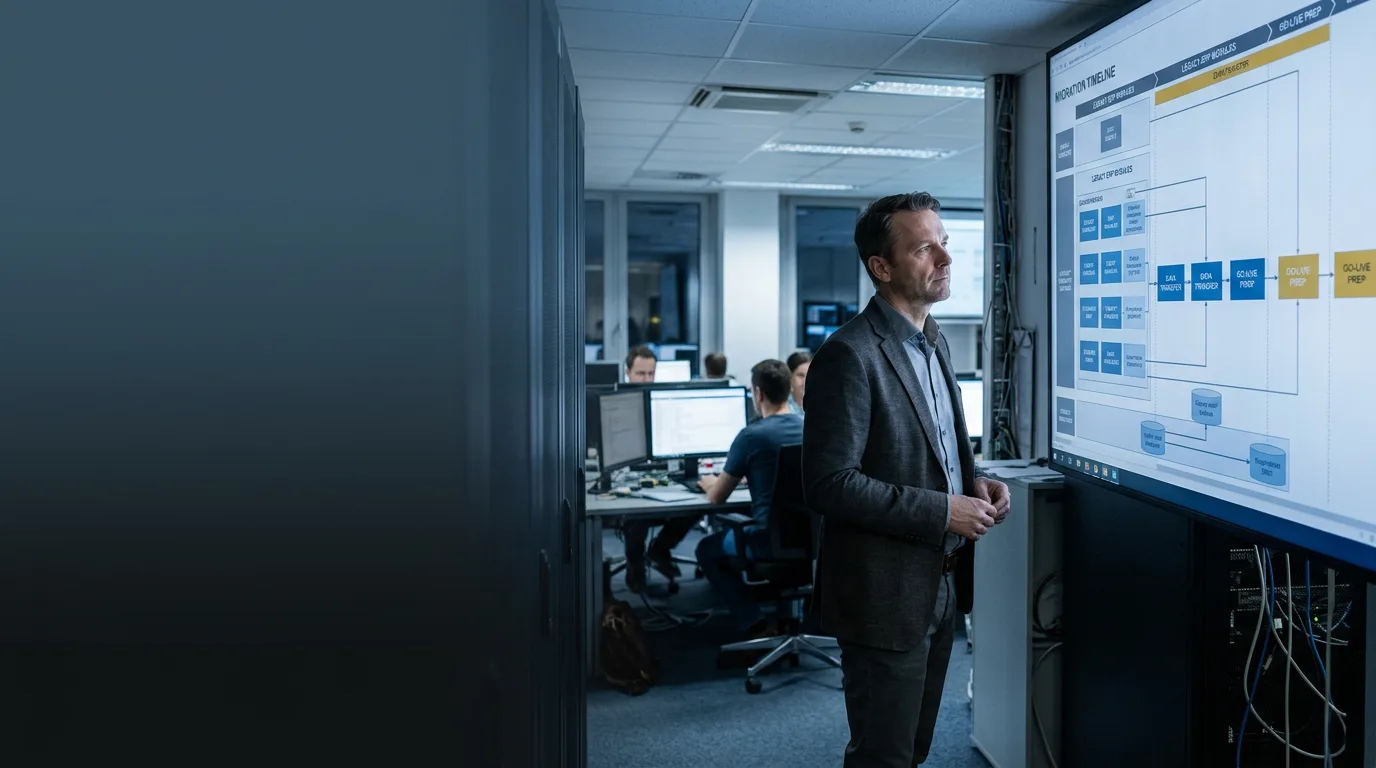 Projektleiter vor Migration-Timeline auf großem Display — ERP-Migrationsprojekt mit Team im Hintergrund