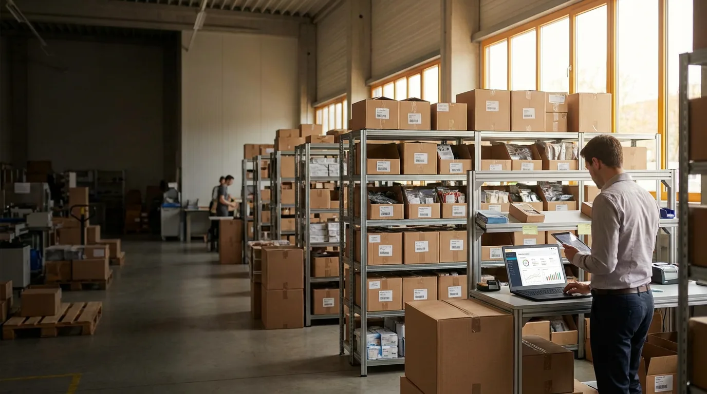Lagerlogistik im Handel: Mitarbeiter mit Tablet und Laptop-Dashboard an Lagerregal mit beschrifteten Kartons — digitalisierte Bestandsverwaltung im Retail-Unternehmen