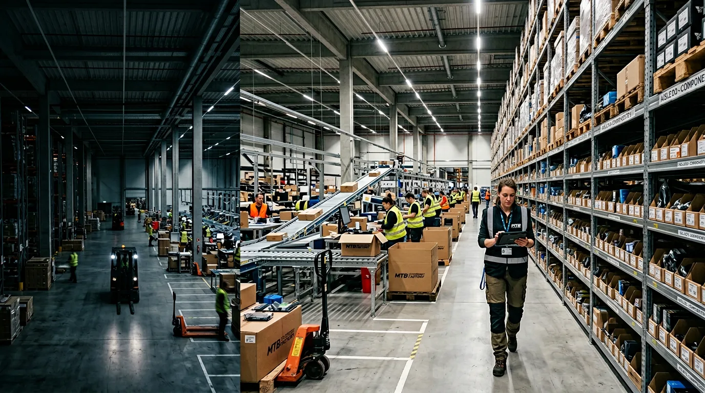 Modernes Lager mit digitalisierten Prozessen: Mitarbeiterin scannt Artikel mit Tablet, Förderbänder und Kommissionierung — E-Commerce-Fulfillment nach Shopware-Migration