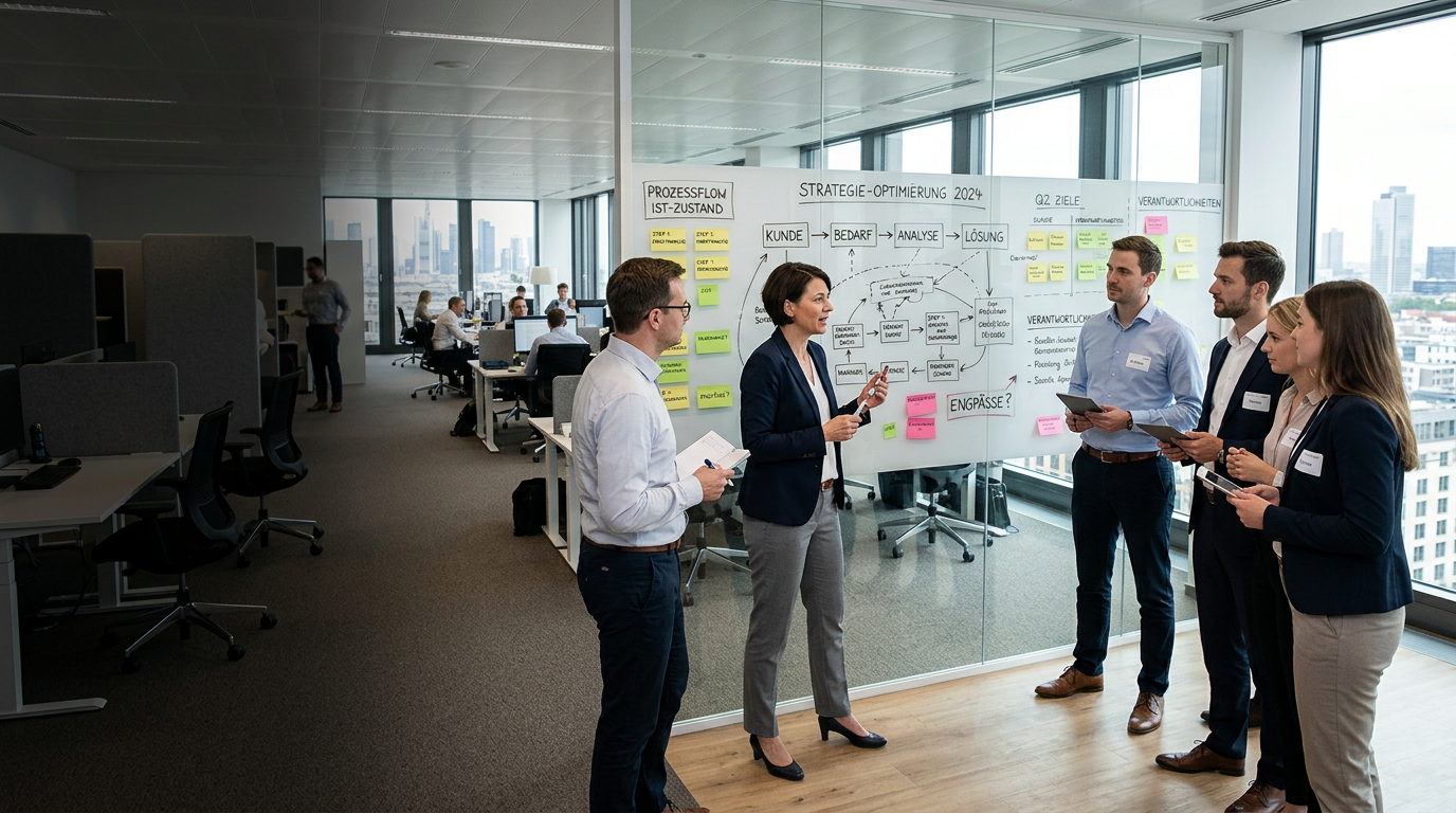Workshop-Gruppe analysiert Prozessflow an Whiteboard mit Post-its — Business Prozess Diagnose mit Projektteam in modernem Büro mit Stadtblick
