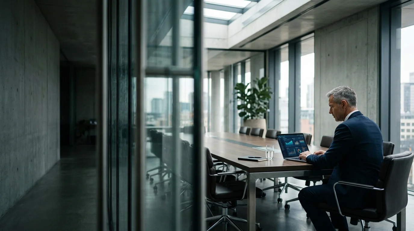 CEO im Konferenzraum analysiert KI-Daten — vertrauliches KI-Sparring für Geschäftsführer